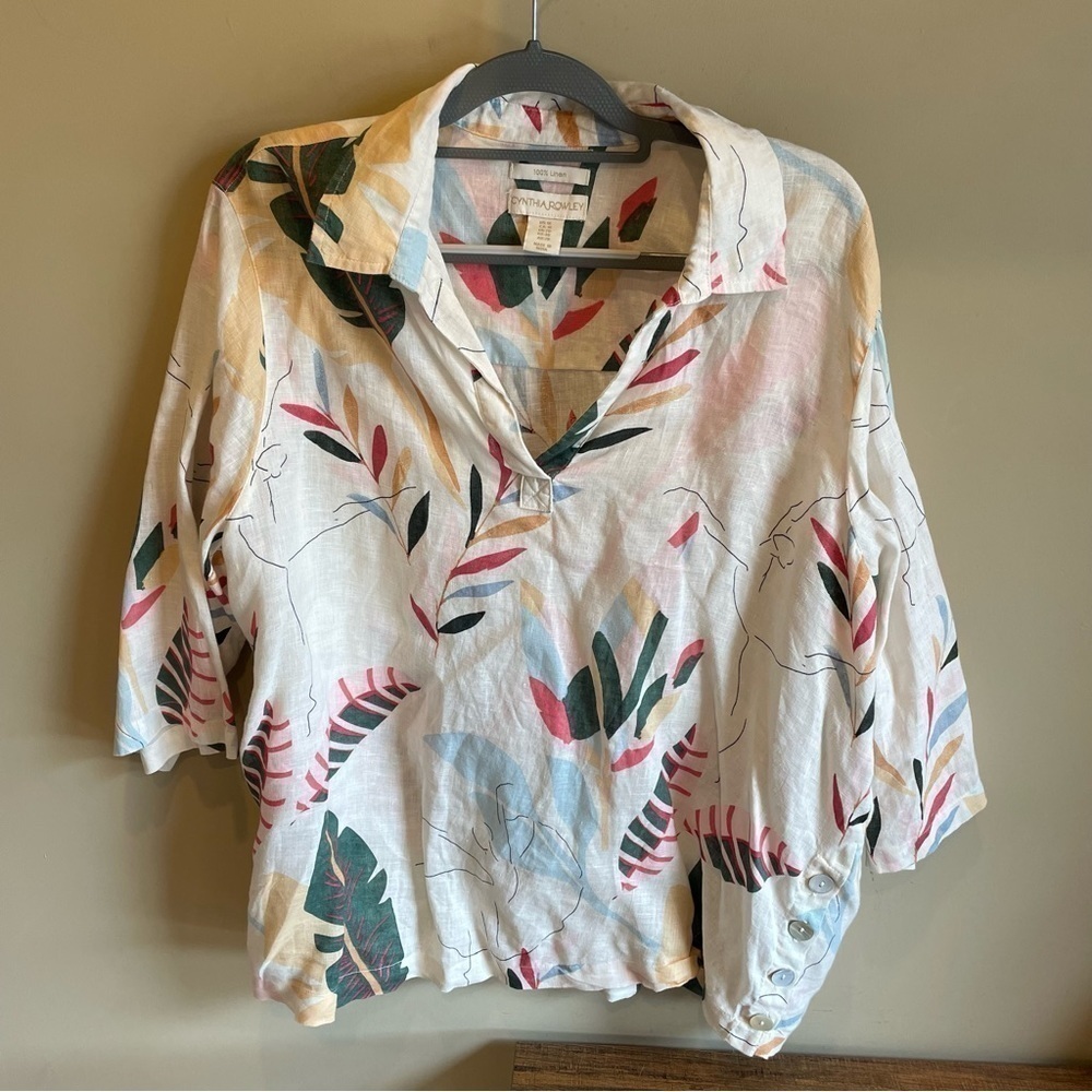 NWT Cynthia Rowley 100% Linen Summer Roll Tab Sleeve Tunic 1X Lagenlook